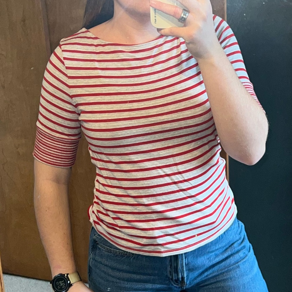 Anthropologie Tee, Criss Cross Back, Red and Grey, Size Large